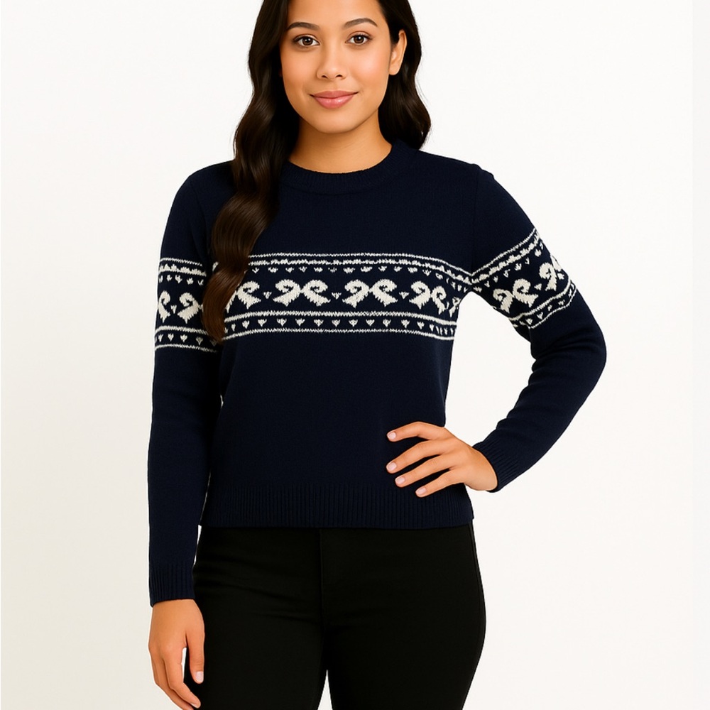Motel Rocks Knitted Jumper Sweaters In Peacoat With Fairisle Bow Size M, NWT - Picture 11 of 12
